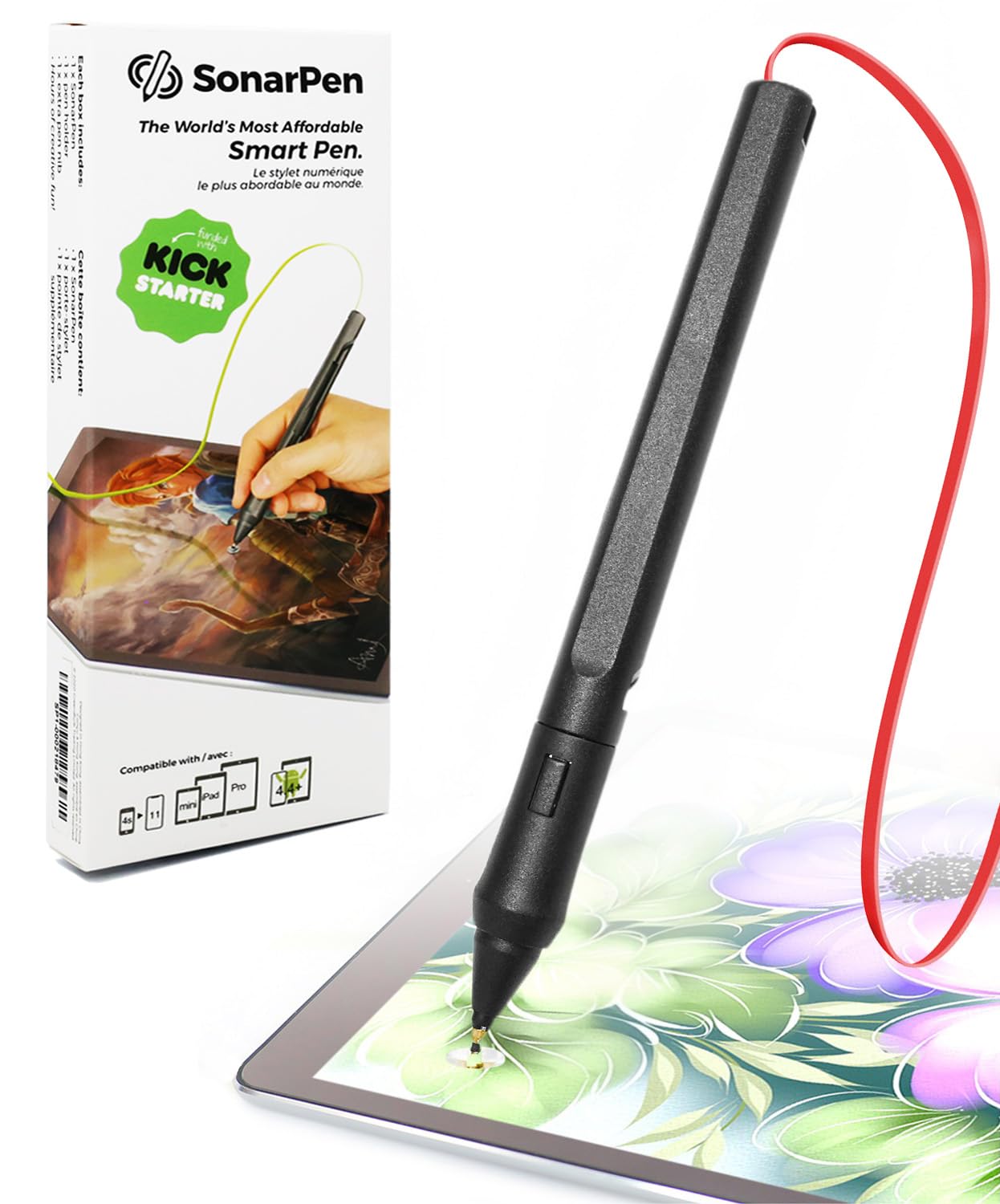 SonarPen - Pressure Sensitive Smart Stylus Pen with Palm Rejection and Shortcut Button. Battery-Less. Compatible with Apple iPad/Pro/Mini/iPhone/Android/Switch/Chromebook (Red)