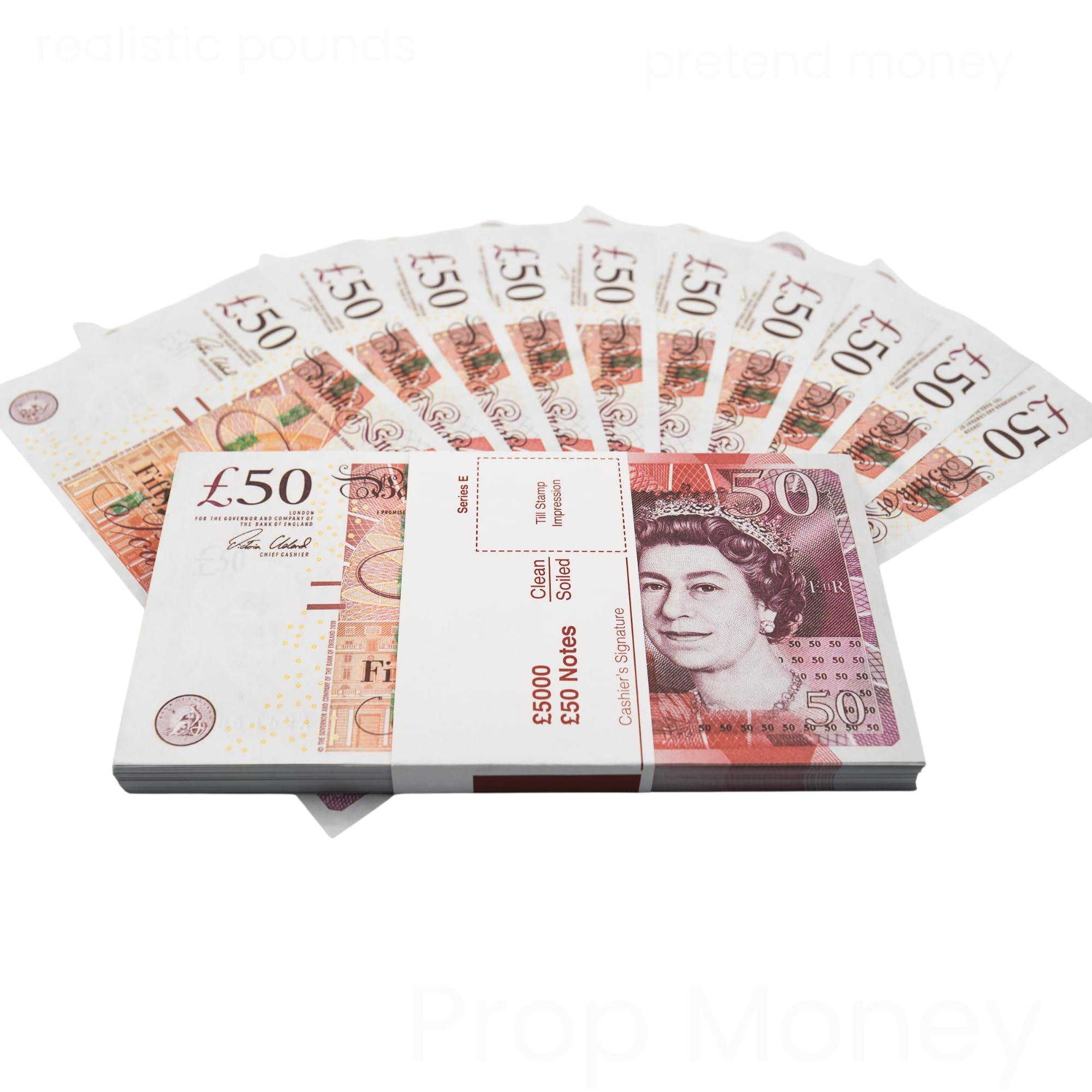 BIG SCREEN STACKS | PROP MONEY | 100 x £50 UK POUND NOTES | Extra Bank Strap Included - Fake Money for Movies, TV, Pretend Play and learning.