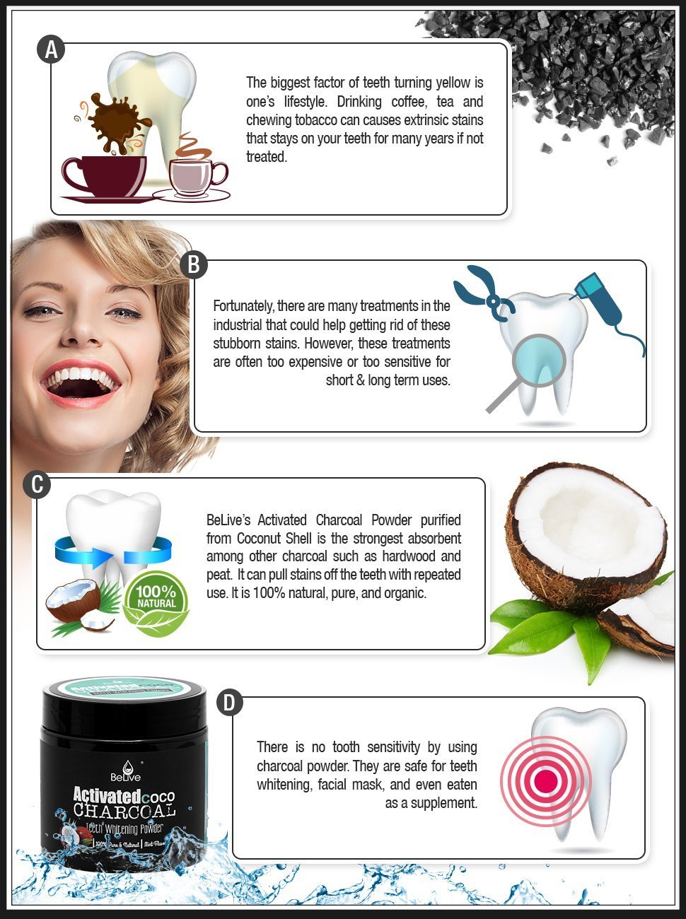 Teeth Whitening Charcoal Powder made from Activated Organic Coconut Shell – Eliminates Bad Breath, Coffee & Tea Stains, Oral Germs – 2 x FREE Activated Charcoal Strips Bonus