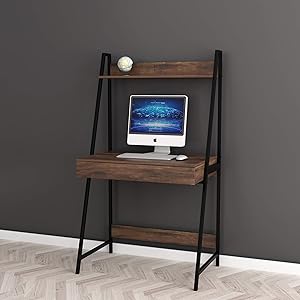 2-tier Home Office Computer Laptop Desk with Drawer , Nutmeg Brown Finish Black Frame