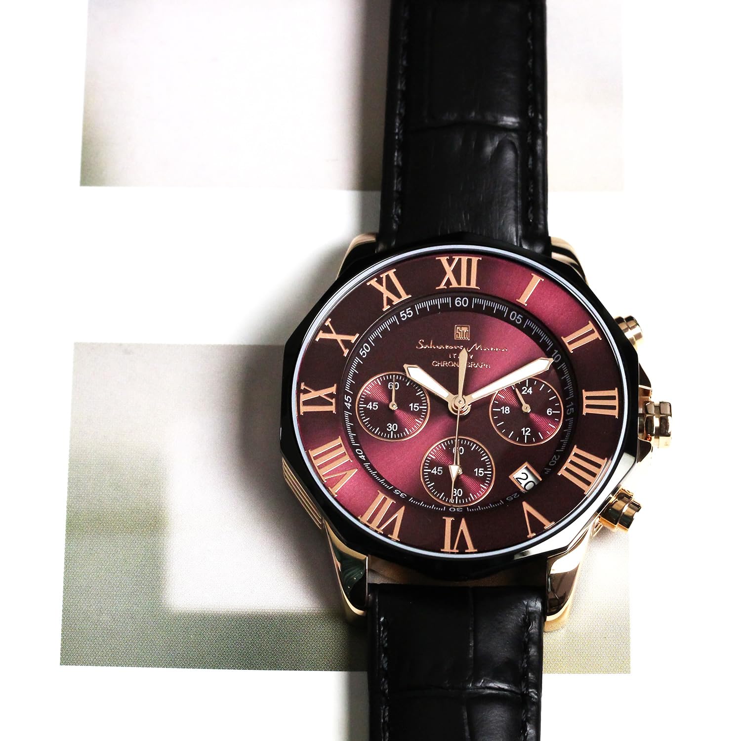 Salvatore Mala SM15104-PGPLLE Wristwatch, Red Chronograph, Water Resistant to 10 ATM, Business, Formal, Men's Leather Strap, Burpull, Black