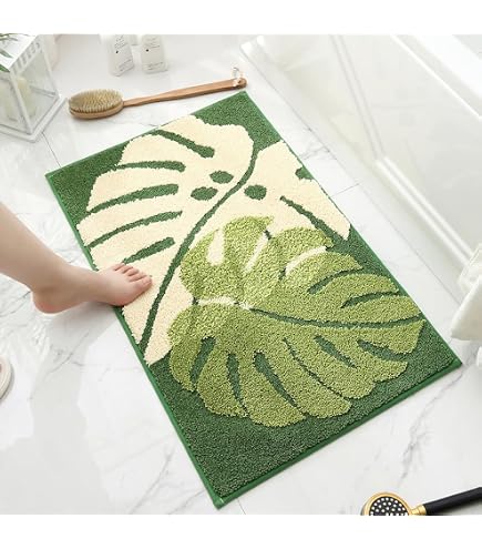 Tapis De Salle De Bain Super Doux - Motif Feuille Verte, Absorbant, Antidérapant TPE, Lavable En Machine