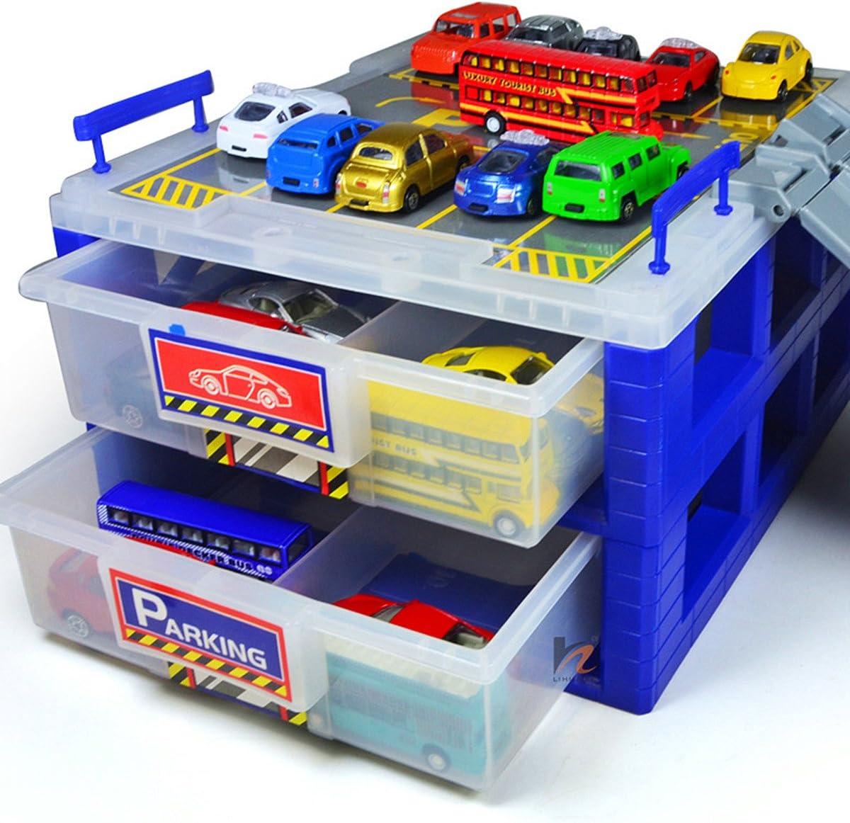 HapiLive Plastic Dustproof Toy Cars Parking Storage with Ttrack Plastic Box Divider Organizer