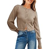 Saodimallsu Womens Cropped Cardigan Sweaters Crew Neck Button Down Long Puff Sleeve Loose Knit Fall Trendy Sweater Tops