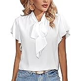 Rooscier Women's Bow Tie Neck Ruffle Short Sleeve Vintage Retro Work Blouse Top