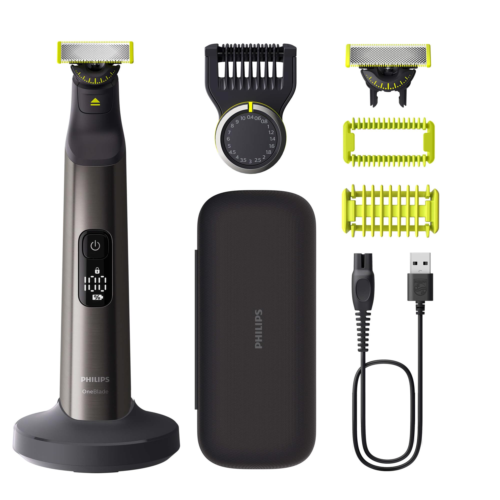 Philips OneBlade Pro 360 Autentico Regolabarba elettrico per viso e corpo, rasoio e depilatore, 2x 360 lame, pettine a 14 lunghezze, kit per il corpo, base di ricarica, custodia da viaggio, QP6652/30