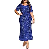 Ever-Pretty Plus Women's Short Sleeves Bodycon Sequin Ball Gown Maxi Plus Size Formal Evening Dresses Vestidos De Fiesta