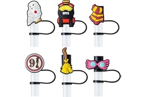 BULKITEM 6Pcs HP Harry Straw Cover Cap for Stanley Cup 40oz/30oz Tumbler, 10mm Reusable Cute Black Drinking Straw Topper Accessories, Portable Protector Plugs Decorations Gifts for Kids Party Favors
