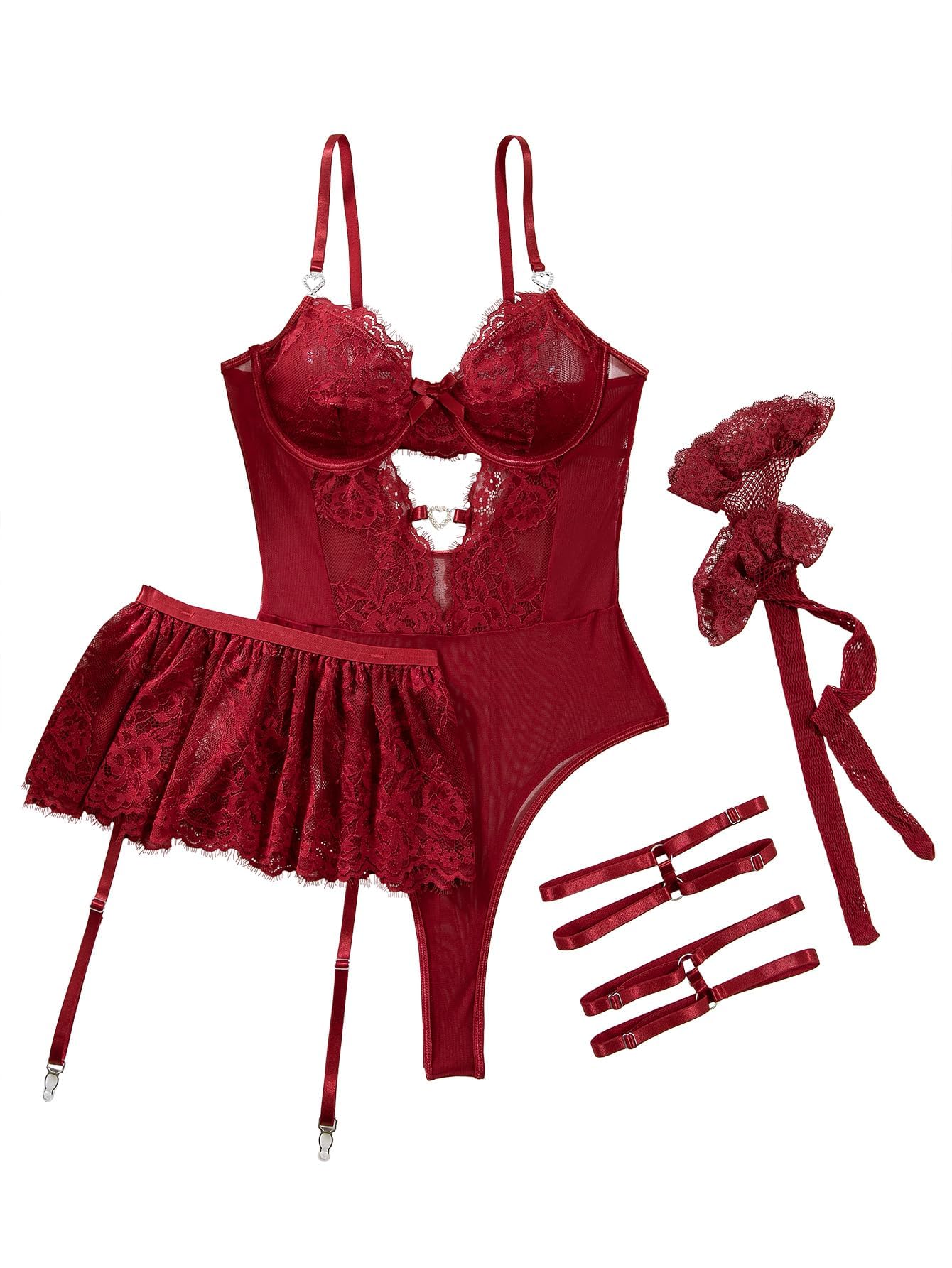 Lilosy Sexy Stocking Heart Rhinestones Underwire Babydoll Lace Mesh Garter