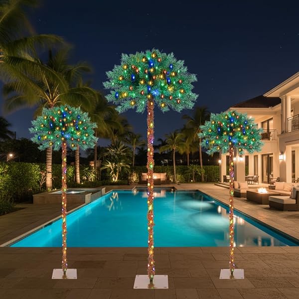NUANCHU 3 PACK 4/5/6FT LIGHTED PALM TREE CHRISTMAS PRE-LIT ARTIFICIAL PALM TREE 8 MODE WITH TIMER MULTI-COLOR LED LIGHTS METAL BASE, TROPICAL XMAS DECOR FOR PATIO YARD POOL, INDOOR OUTDOOR USE