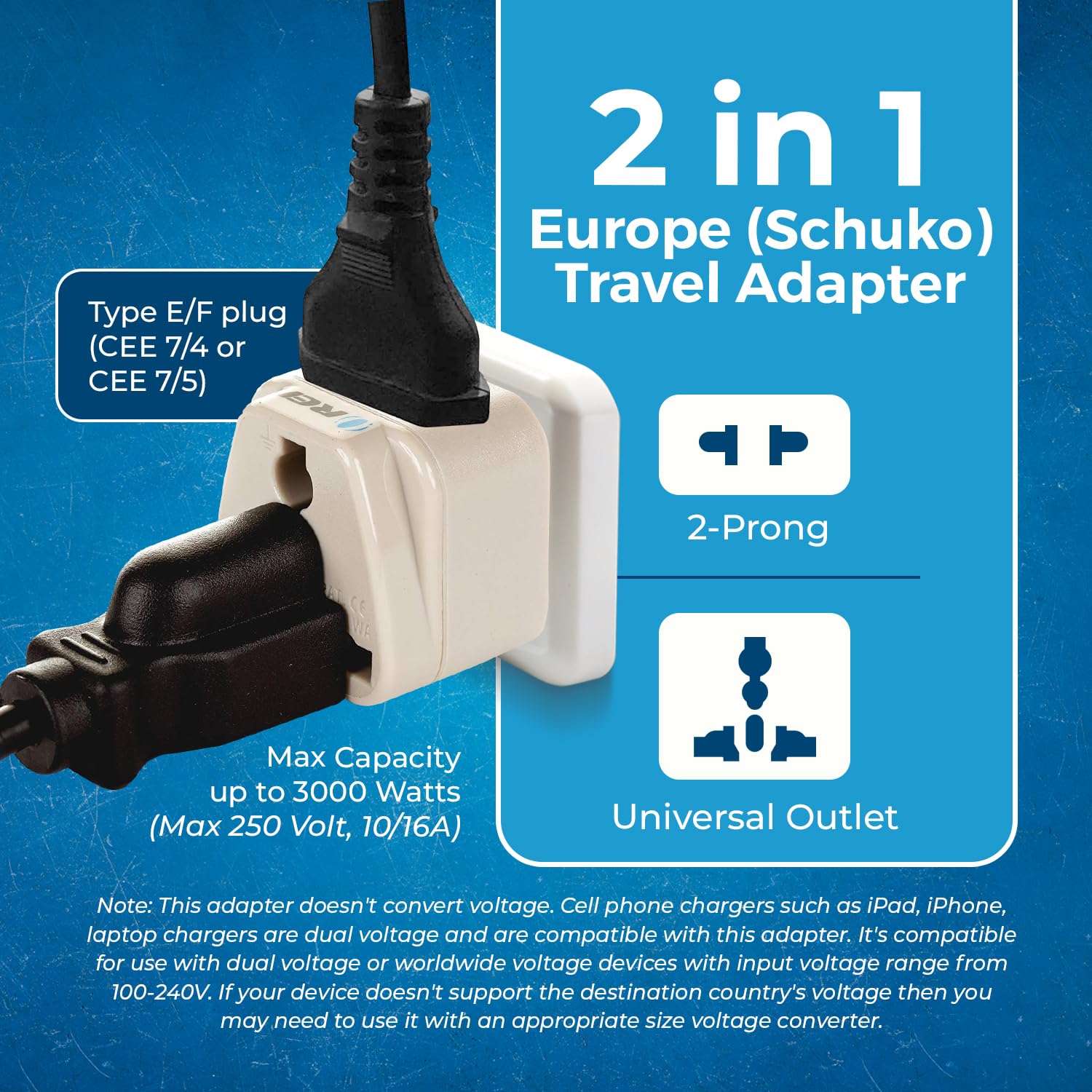 OREI European Power Adapter Plug, Perfect for Travel To Europe, Germany, France, Spain, Norway, Korea - Universal Socket - Type E/F Outlet - 2 Inputs - Safe Grounded Connection
