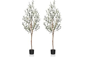 SOGUYI Artificial Olive Tree, 5FT Tall Faux Silk Plant with Natural Wood Trunk and Lifelike Fruits for Home Office Decor - Indoor Fake Potted Tree, 2 Pack