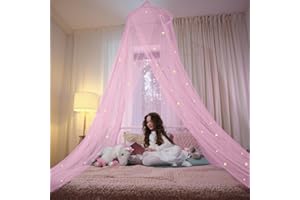BOLLEPO Pink Bed Canopy for Girls with Glowing Stars - Premium Canopy Bed Curtains | Fits Single, Twin, Full, Queen Size Kids Bed, Princess Netting Room Decor, Ceiling Tent to Cover Toddler, Canopy for Bed