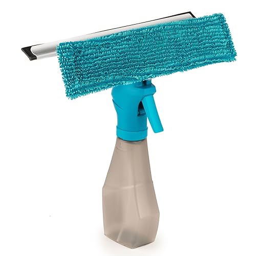 Beldray LA024275TQ Window Squeegee – Machine Washable Microfibre Pad & Scraper Wiper For Mirrors/Tiles/Shower Screens/Glass Cleaning, 200 ml Spray Bottle, Window Washing, Multipurpose Cleaner Kit