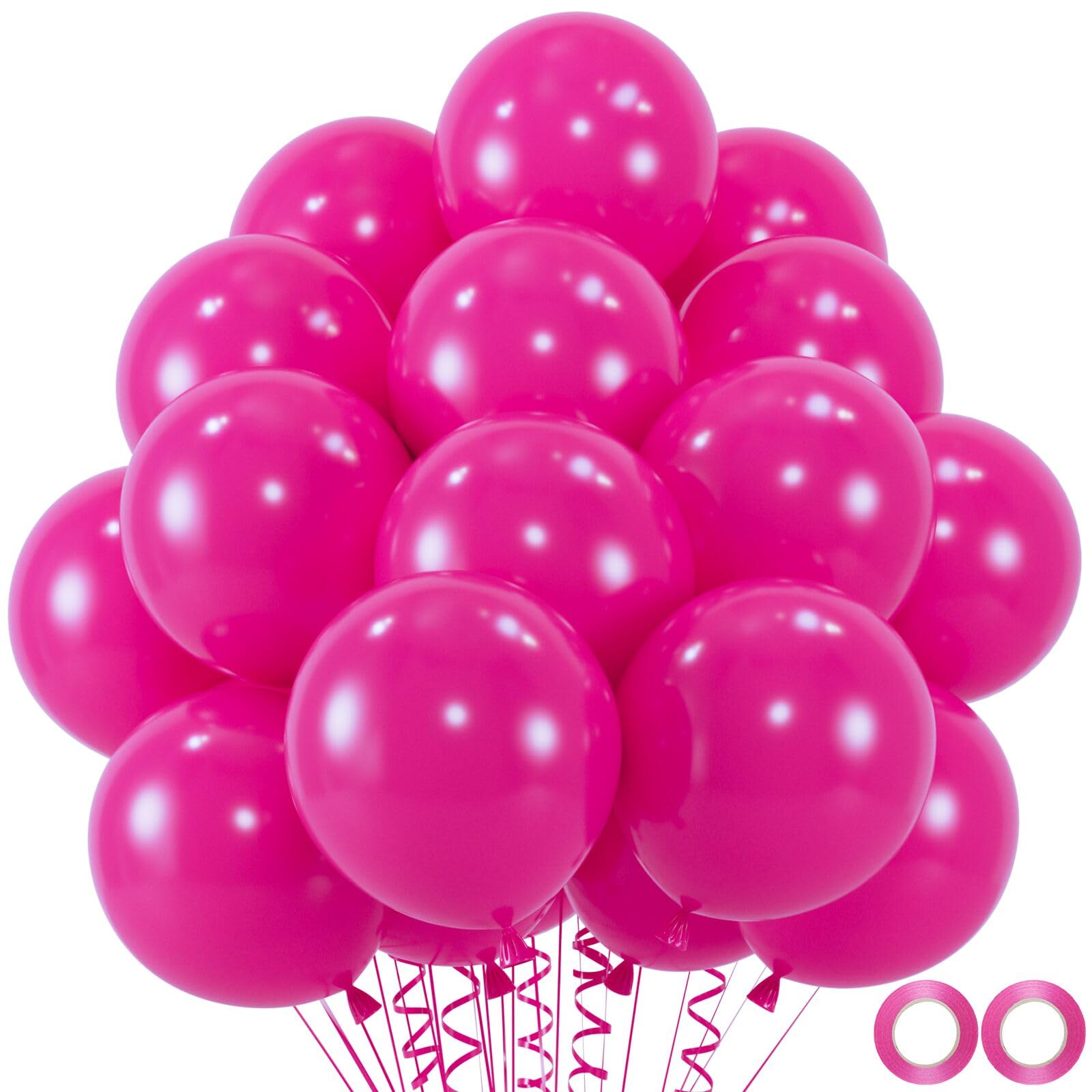 View 1 of 100pcs Hot Pink Balloons, Helium Quality 12 inch Bright Pink Latex Party Balloon for Birthday, Wedding, Engagement, Bridal Shower, Bachelorette Princess Party Supplies(66ft Ribbons)