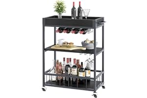 Azheruol Bar Cart Serving Wine 3 Tier Home Rolling Rack with Wheels Mobile Kitchen Industrial Vintage Style Wood Metal Serving Trolley Serving Cart, Drink Cart for Living Room Kitchen