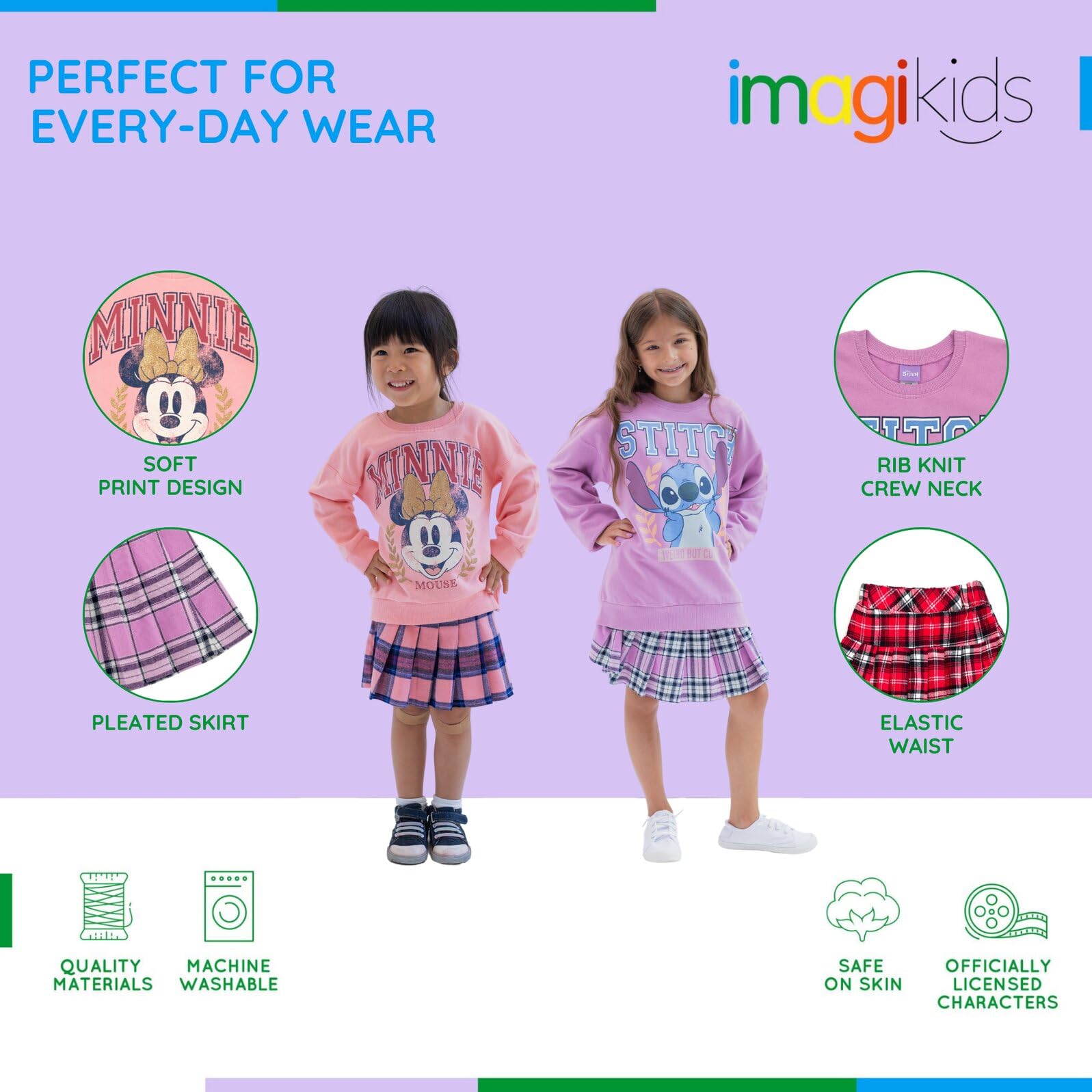 Disney Minnie Mouse Lilo & Stitch Girls Fleece Sweatshirt and Plaid Pleated Skirt Toddler to Big Kid Sizes (2T - 14-16)