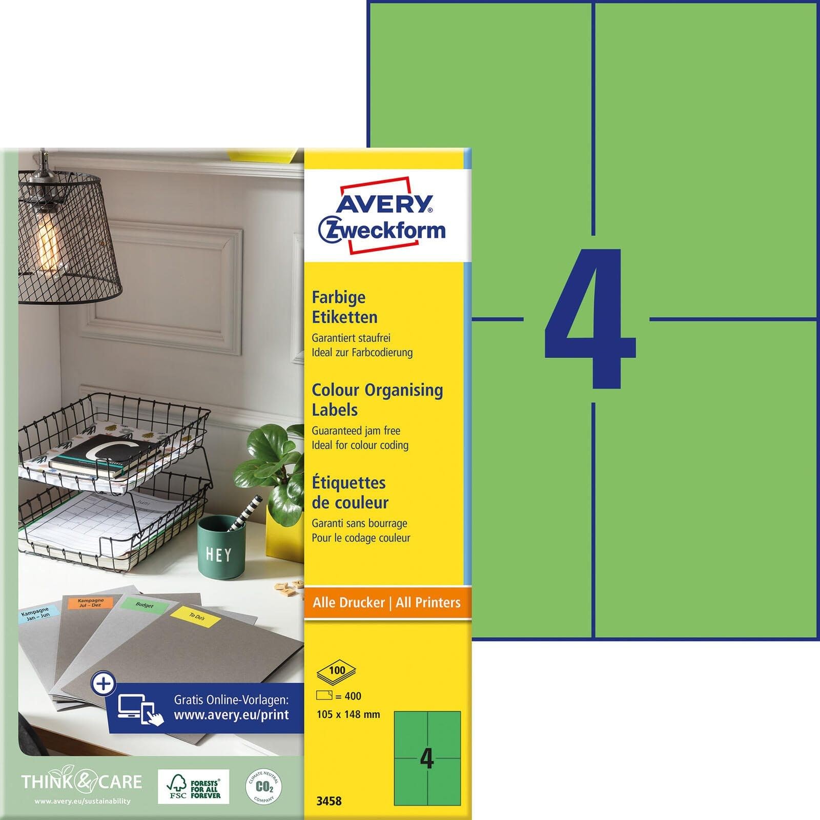 Avery Zweckform 3458 Coloured A4 (Pack of 400 Labels 105 x 148 mm 100 Sheets Green