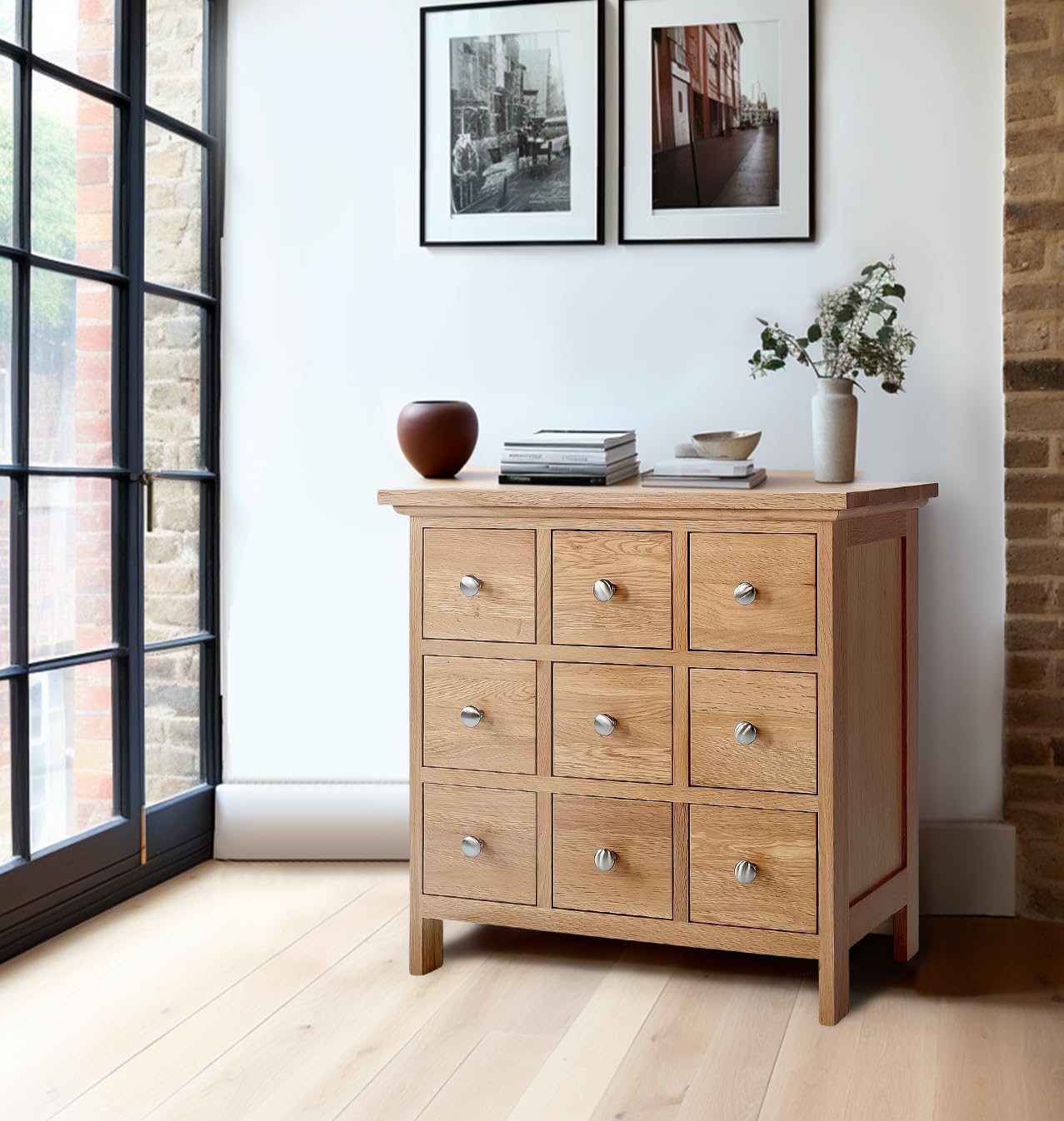 Hallowood Furniture Camberly Oak DVD CD Storage Unit with 9 Drawers, CD Rack Media Organiser, Light Oak Cabinet, Solid Wooden CD/DVD Storage Drawers, Holds 207 CDs or 63 DVDs