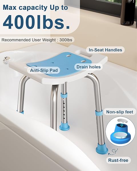 HOMLAND SHOWER CHAIR FOR INSIDE SHOWER, 400 LBS ADJUSTABLE SHOWER STOOL WITH SUCTION FEET, SHOWER SEAT FOR INSIDE TUB BATHROOM BENCH BATH CHAIR FOR ELDERLY AND DISABLED – LIGHT BLUE