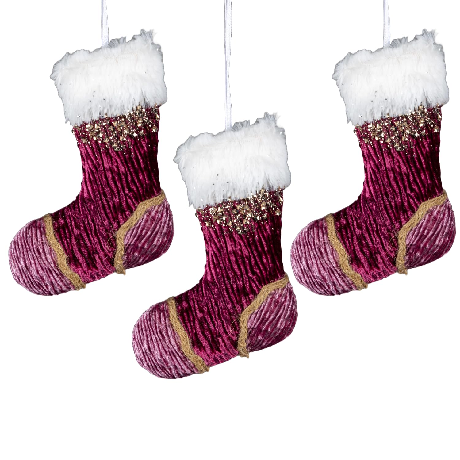3Pcs Pink Burgundy Mini Santa Stocking 15cm - Christmas Tree Hanging Decorations Festive Decorative Ornaments Fairy Tale Themed Xmas Tree Pendant