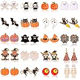 DEVIENG Clip On Halloween Earrings Gift for Women Girls, 20 Pair Hypoallergenic Skeleton Spider Skull Black Cat Bat Ghost Pumpkin Hat Fun Clip Earring for Halloween Party Jewelry Accessories