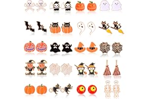 DEVIENG Clip On Halloween Earrings Gift for Women Girls, 20 Pair Hypoallergenic Skeleton Spider Skull Black Cat Bat Ghost Pumpkin Hat Fun Clip Earring for Halloween Party Jewelry Accessories