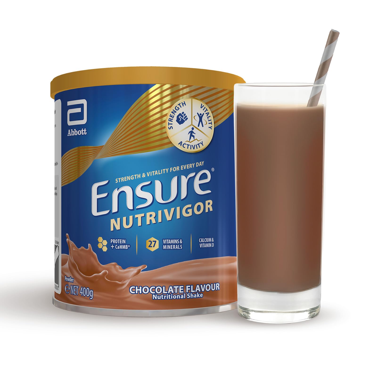 Ensure NutriVigor Nutritional Shake – Chocolate Flavour – 400g – Food Supplement with Protein, HMB & 27 Vitamins & Minerals – Supports Strength, Energy & Immunity – With Vitamin D, C & B
