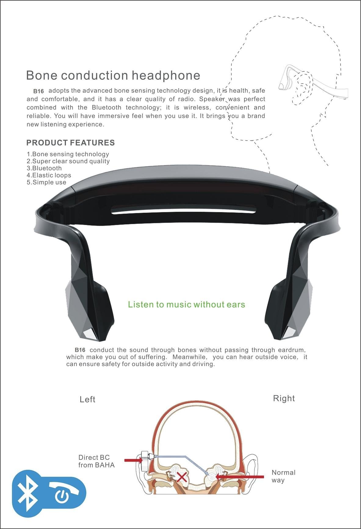 Chintek BT500 Headphones Bluetooth Bone Conduction Stereo Speaker Bluetooth v3.0+EDR with Anti-interference microphones,-50DB--White Mother's Day Gift