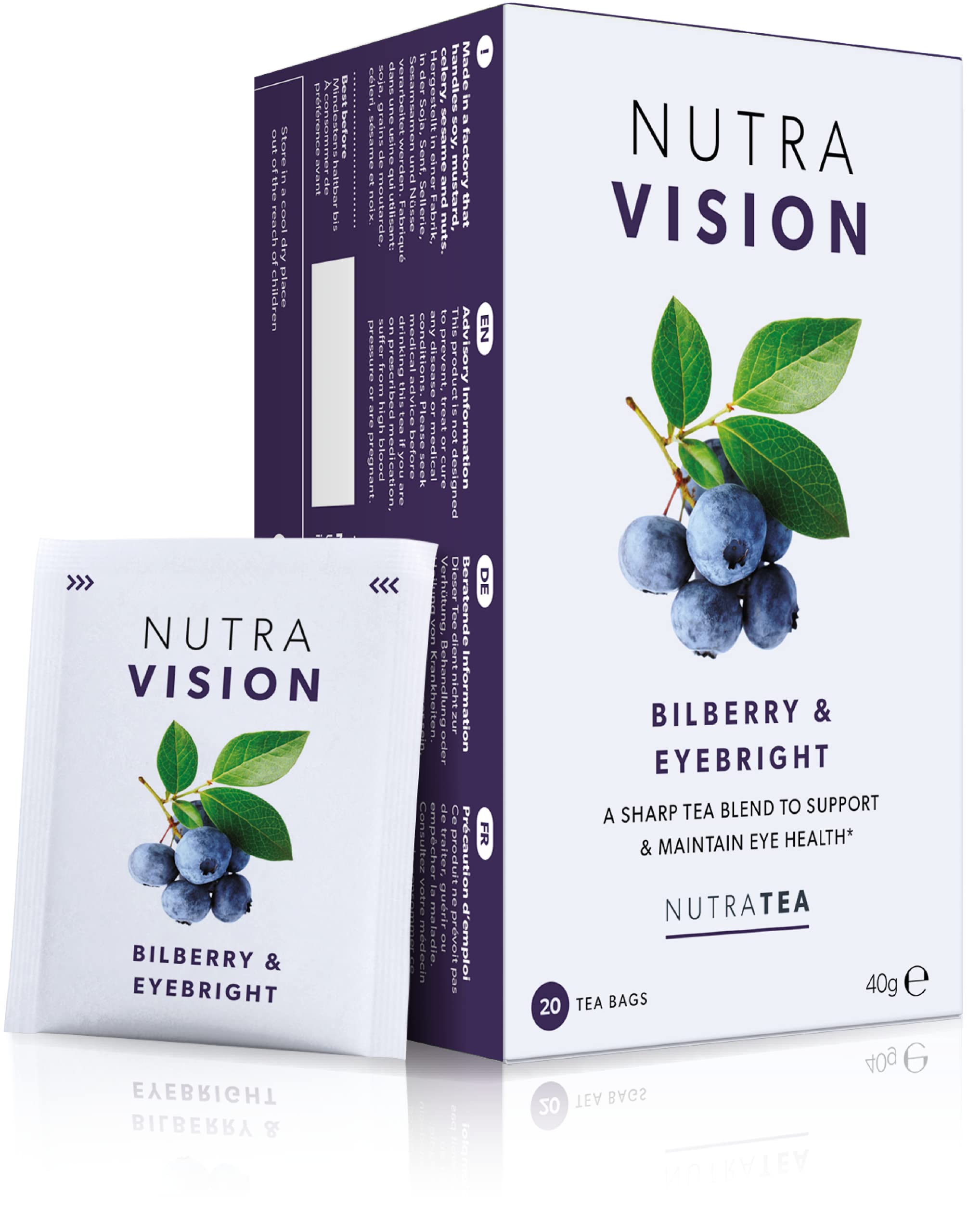 Nutra Tea NUTRAVISION - Eye Support Tea | Eye Care Health Supplement Teabags - Includes Eyebright, Bilberry & Green Tea - 60 Individually Wrapped Bags - Herbal Infusion (3 Pack)
