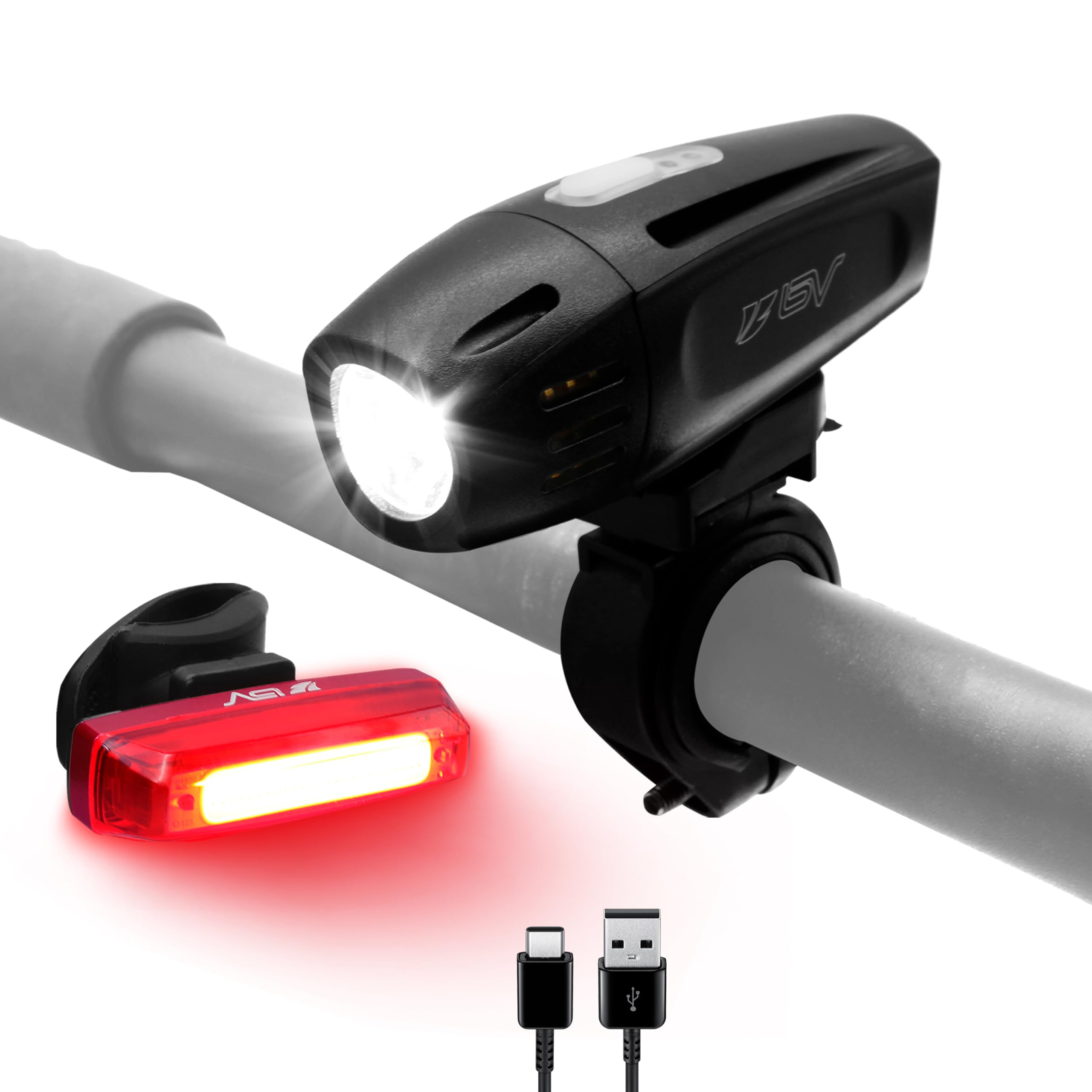 BV Super Bright Bike Light Set USB Rechargeable - Headlight & Taillight, Waterproof IP44 Bicycle Light, 3 Light Modes Including Flash Mode for Safety, Easy to Install and Fits All Bicycles