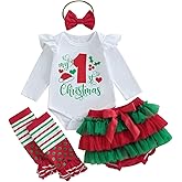 Mobbdow My First Christmas Baby Girl Outfit Newborn Ruffle Long Sleeve Romper Tutu Skirt Leg Warmers Headband 4Pcs Sets