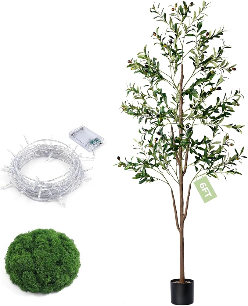 Olive Tree, 6FT Tall Faux Olive Tree with Moss and Planter, Olive Trees Artificial Indoor with Realistic Wood Trunk and Lifel