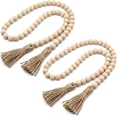 RAINFLOW 2 Pack Wood Bead Garland with Tassels - 50 Inches Wooden Beads | 14MM Natural Wooden Beads, 84 Beads Per Strand for