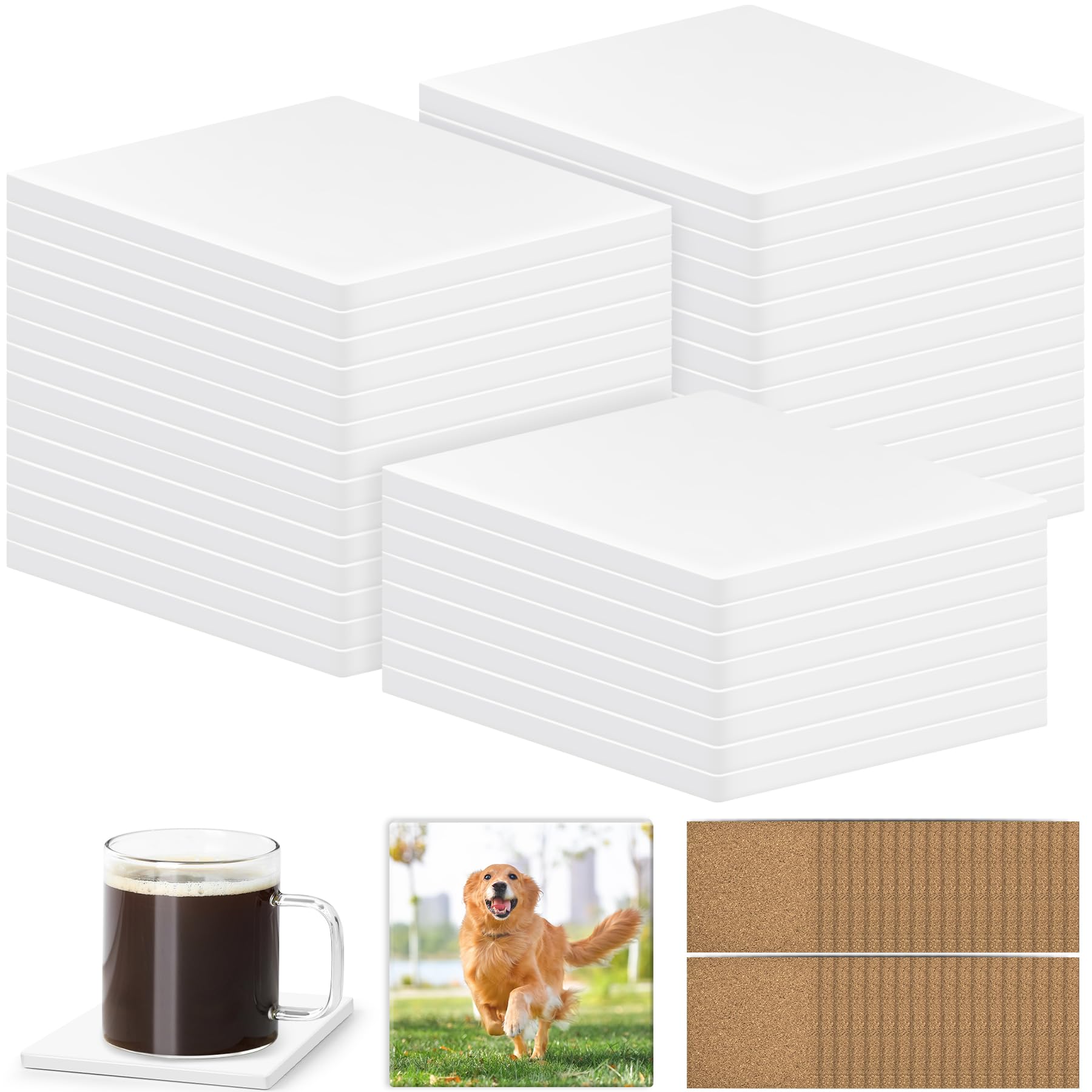 Photo 1 of 36 PCS Sublimation Coasters Blanks Ceramic Tiles Bulk 4x4 White Unglazed Glazed Ceramic Tiles for Crafts with 36 Cork Sticker Back, Square Coasters Sublimation for Heat Transfer DIY Painting