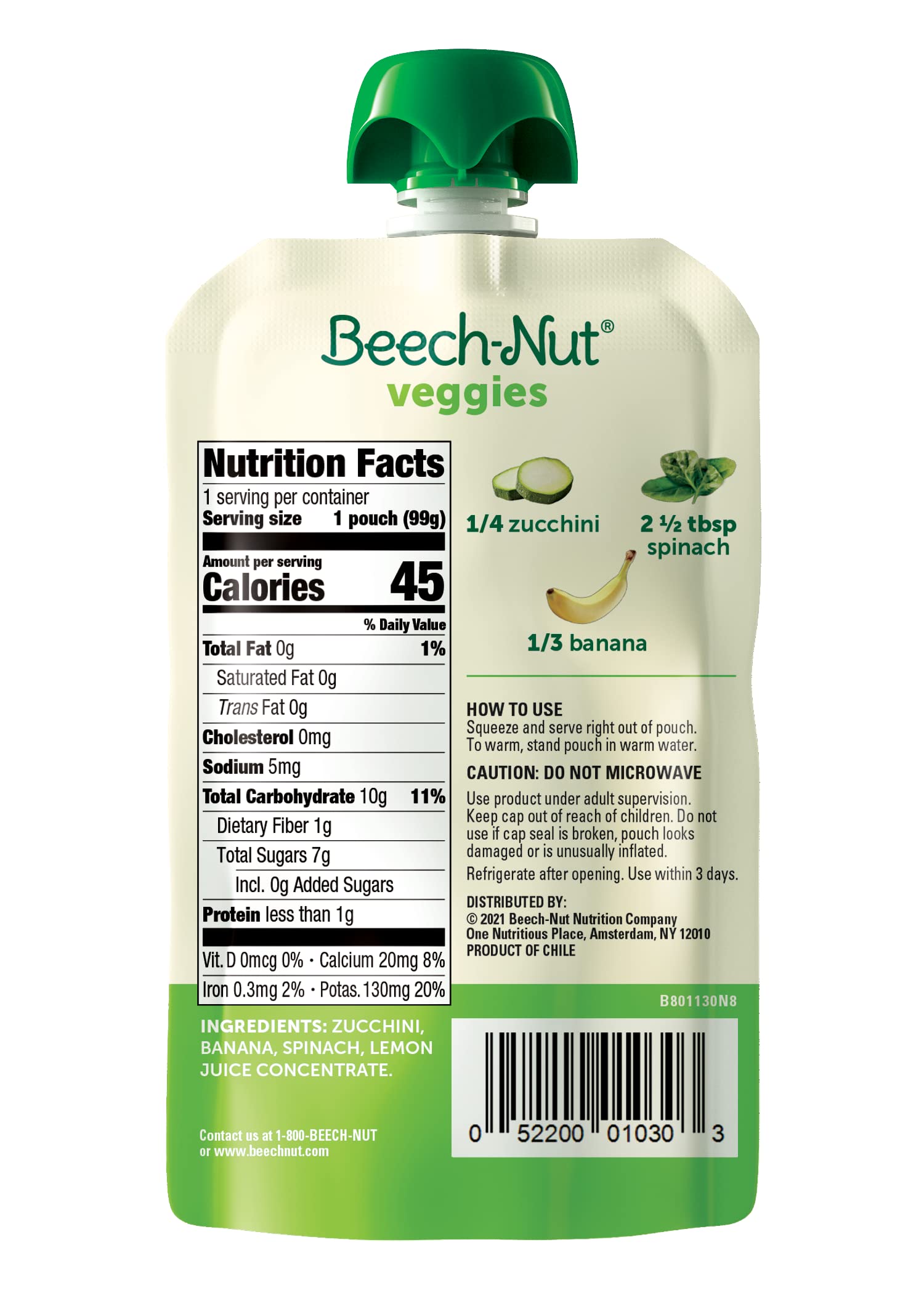 Beech-Nut Baby Food Pouches, Zucchini Spinach & Banana Veggie Puree Baby & Toddler Food, 3.5 oz (12 Pack)