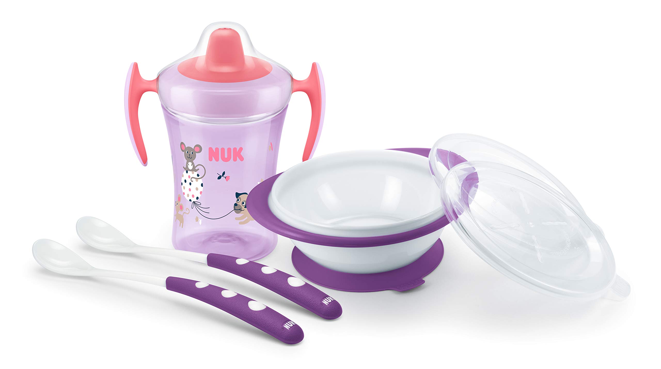 NUK Learn to Eat Set | Trainer Cup Sippy Cup (230 ml) | Feeding Bowl and Feeding Spoons | 6+ Months | BPA-Free | Purple | 4 Count