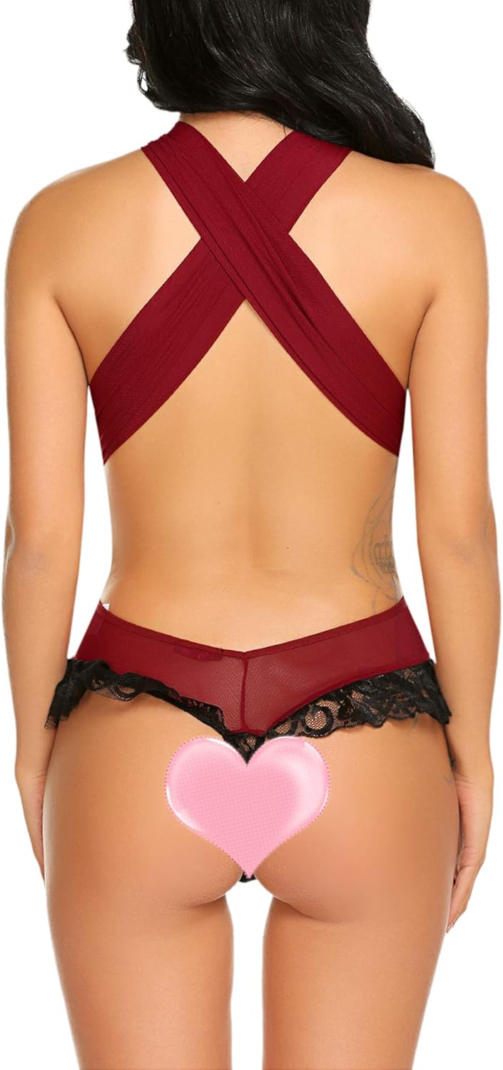 ADOME Women Lingerie Bandage Halter Teddy Cross Back Bodysuit Exotic Teddy Babydoll at  Women’s Clothing store