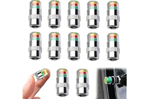 Tire Valve Caps with Pressure Monitoring – 12-Pack Stainless Steel and Plastic with Copper Core – Green, Yellow, and Red Colo