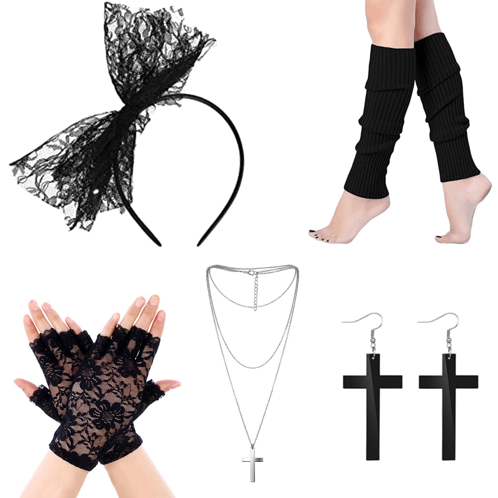 FUIPVGI 5pcs Ladies 80s Accessories - Fancy Dress Costume Accessories, Women Lace Headband, Earrings, Fishnet Gloves for 80s Retro Party (Black)