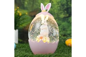 LEYUPEAK Easter Snow Globe Decorations for The Home Lighted Bunny Statue with Easter Eggs, Perfect Spring Decor and Gifts, Pink