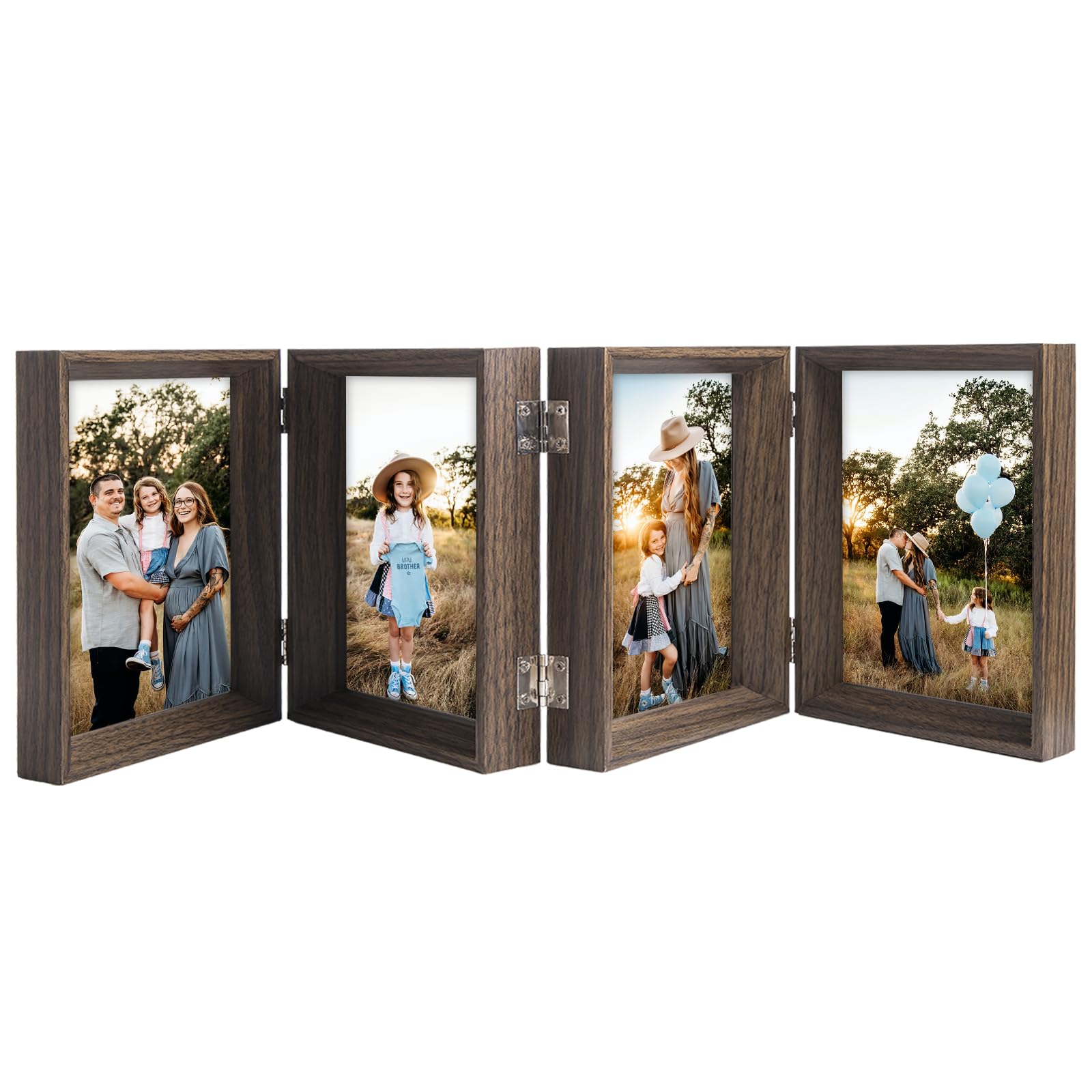 5x7 Photo Frame Hinged Folding 4 Picture Frame Beveled Multiple Photos, Brown