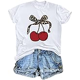 BeWithYou Cherry Shirt Vintage Leopard Bow Print Shirts for Women Cute Fruit Aesthetic Graphic Casual Short Sleeve Tees Top