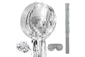 Abilat Disco Ball Pinata with Stick and Blindfold 80s 90s Theme Party Decorations Silver Mirror Disco Ball Pinata for Birthdays Weddings Roller Skating Party Supplies