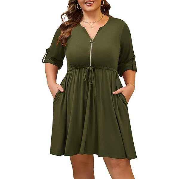 Manllenshie Women's Plus Size Casual Summer Dress - V-Neck, Ruffle Sleeves, Drawstring Bow, Pockets, Flowy Fit