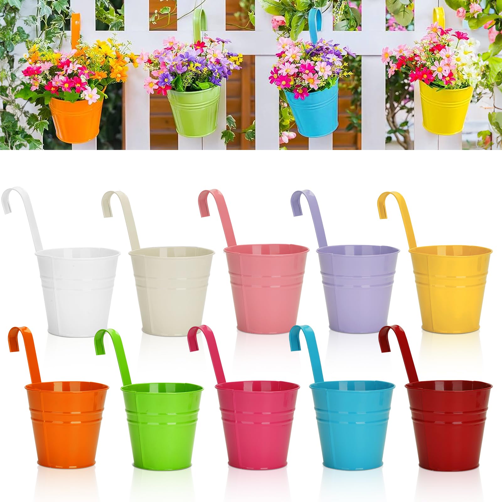KINGLAKE 10Pcs 10cm Metal Hanging Plant Pots with Detachable Hook, Colored Fence Flower Pots Garden Hanging Planter Bucket Flower holder for Balcony Fence Railing Garden Home Décor