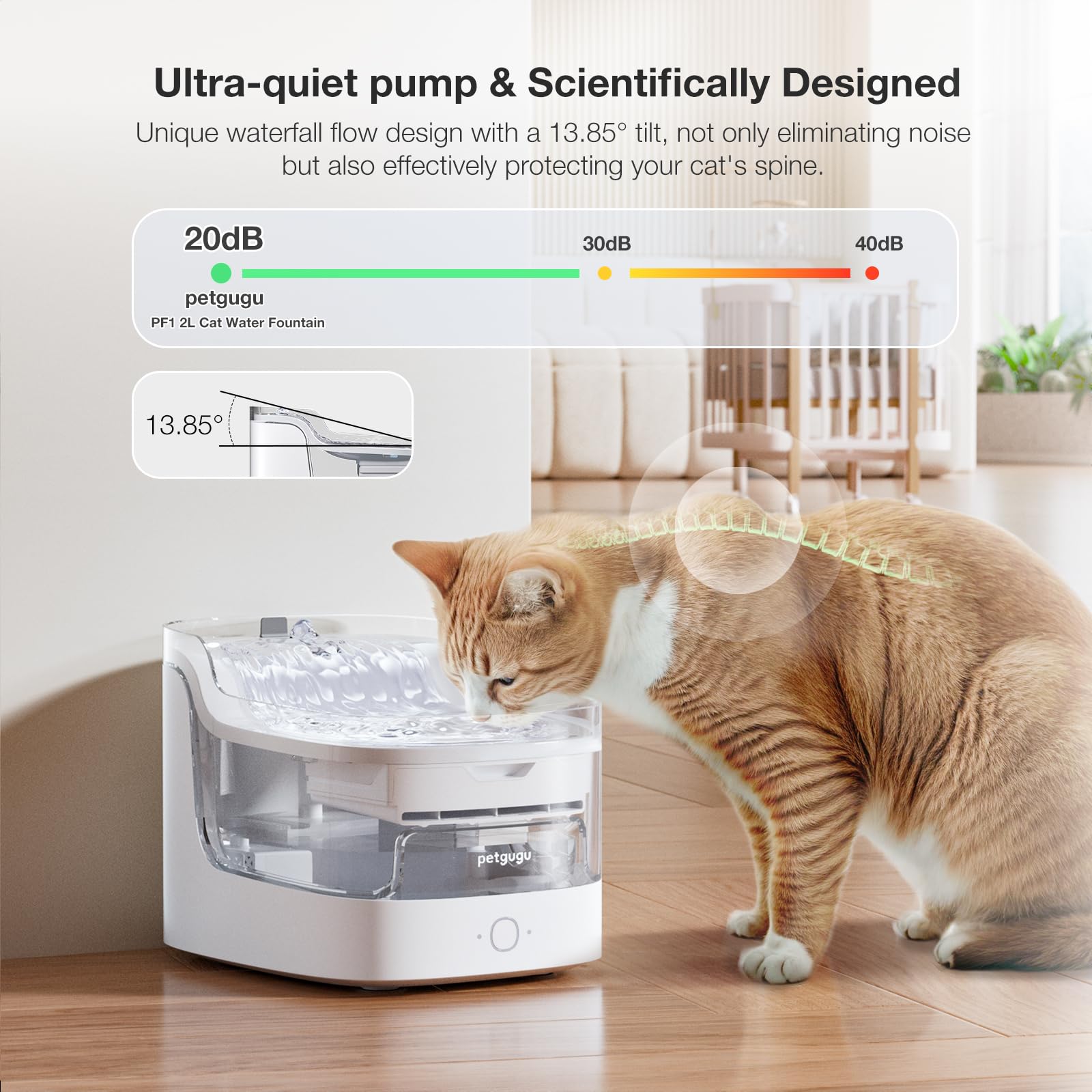 PETGUGU 2L Cat Water Fountain Smart App Control, 8 Layers Filters Automatic Water Dispenser for Cats Dogs Pet Water Fountain Wireless Pump 2.4G WiFi PF1 Marble