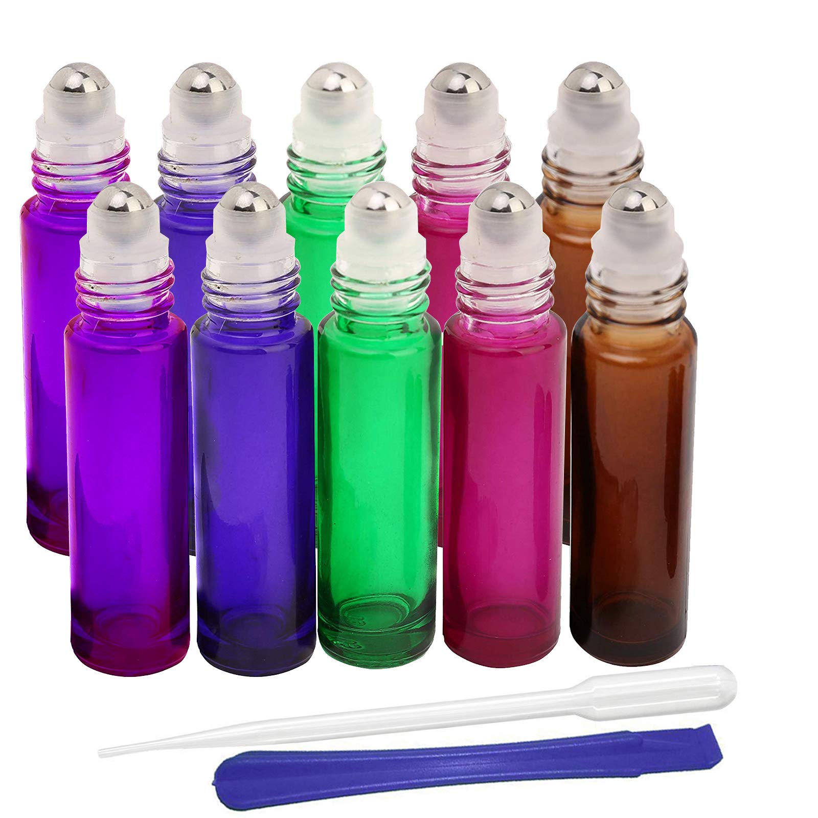 10Pcs, 10ml Glass Roller Bottles, Refillable Container Roll on Bottles for Essential Oils, Aromatherapy, Fragrance, with Bottle Opener and Dropper, Ideal for Home and Travel Use (5 Colors)