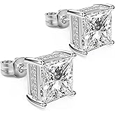 UNFAAR 18K White Gold Plated Sterling Silver Princess Cut Cubic Zirconia Stud Earrings Square CZ Diamond Stud Earrings for Women Men Hypoallergenic