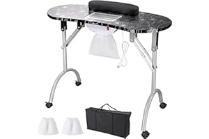 AW BYOOTIQUE Portable Manicure Table Folding Nail Desk with Built-in Dust Collector & Carry Bag, Nail Table With Lockable Wheel for Nail Tech Tattoo Workstation Beauty Spa Salon, Black